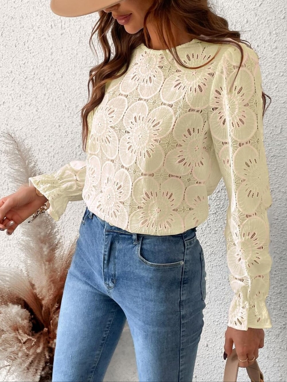 Cream Lace Blouse Long Sleeve Cotton Nylon Floral Pattern